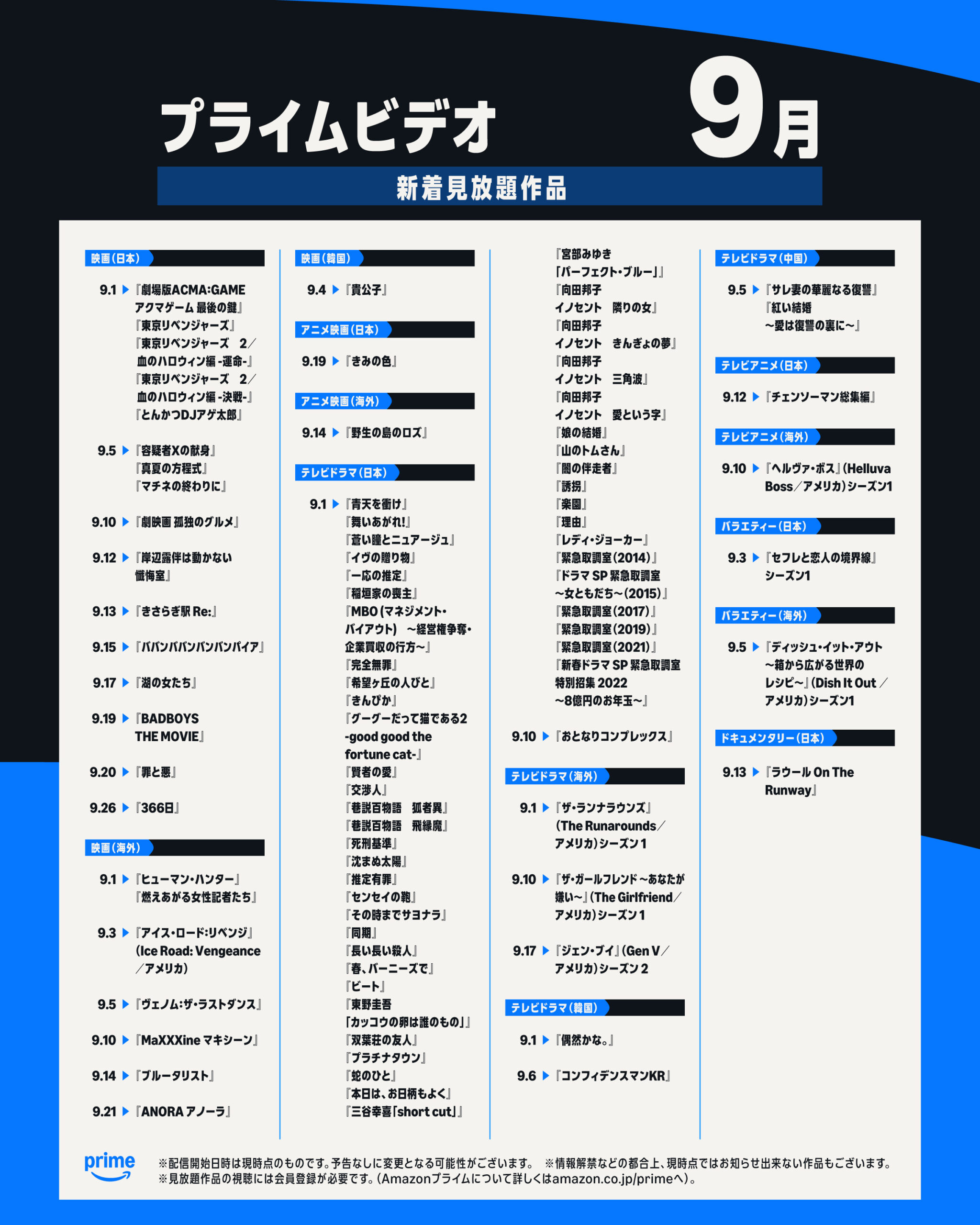 プライムビデオ2025/9