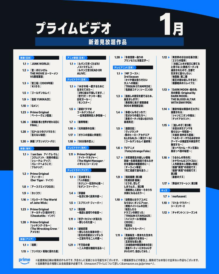 プライムビデオ2026年1月